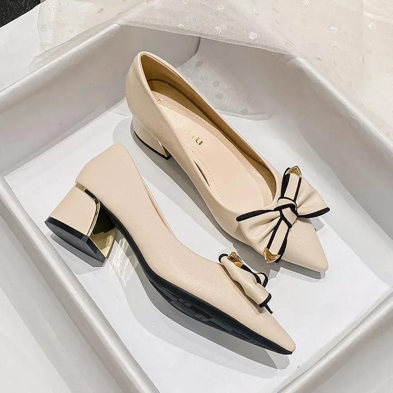 New Women Modern Pumps Spring Summer Girl Pointed Toe Casual Leather High Heels Shoes Fashion Bowknot Wedding Shoes