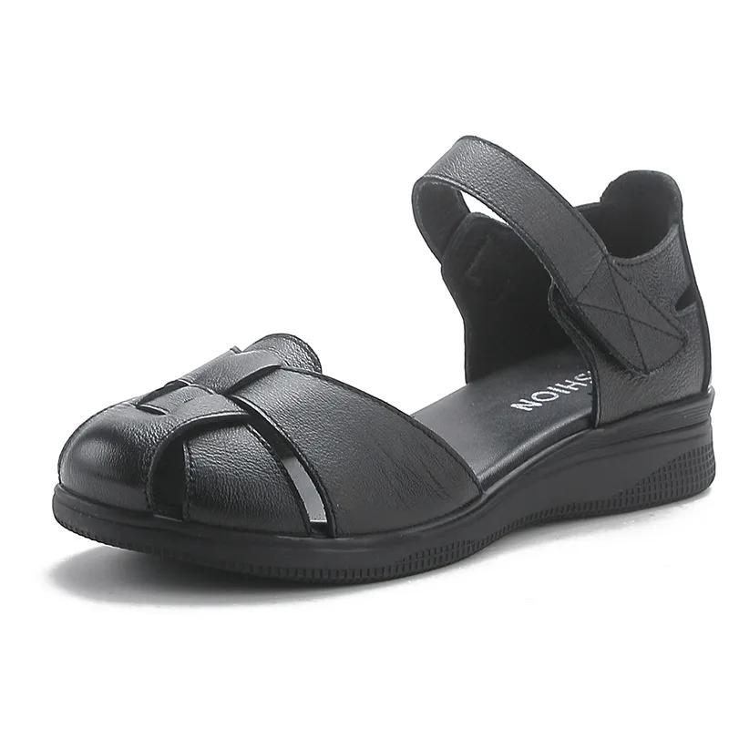 Mode Rindsleder Sommer Keilabsatz Sandalen Damen Echtes Leder Rutschfest Dicke Sohle Schuhe Mittelalterliche Ältere Mütter Weiche Sohle Schuhe