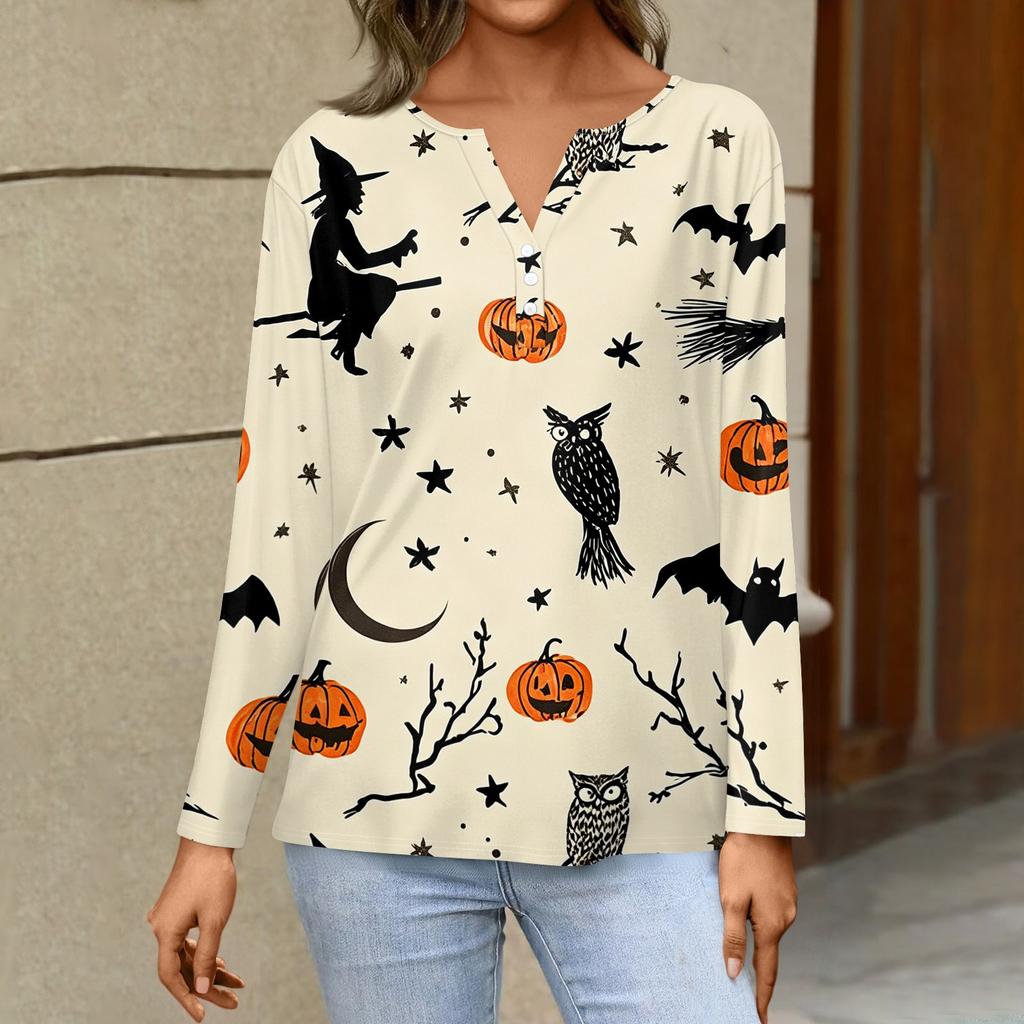 Women's Fashion Casual Halloween Printed V-Neck Button Trim Long Sleeve T-Shirt Top