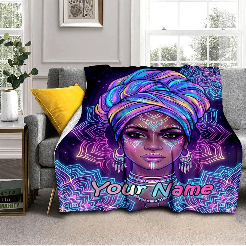 1PC Custom Name Cosmic Mandala Portrait flannel blanket versatile,all-season throw suitable for the living room,bedroom,camping,travel,and gift
