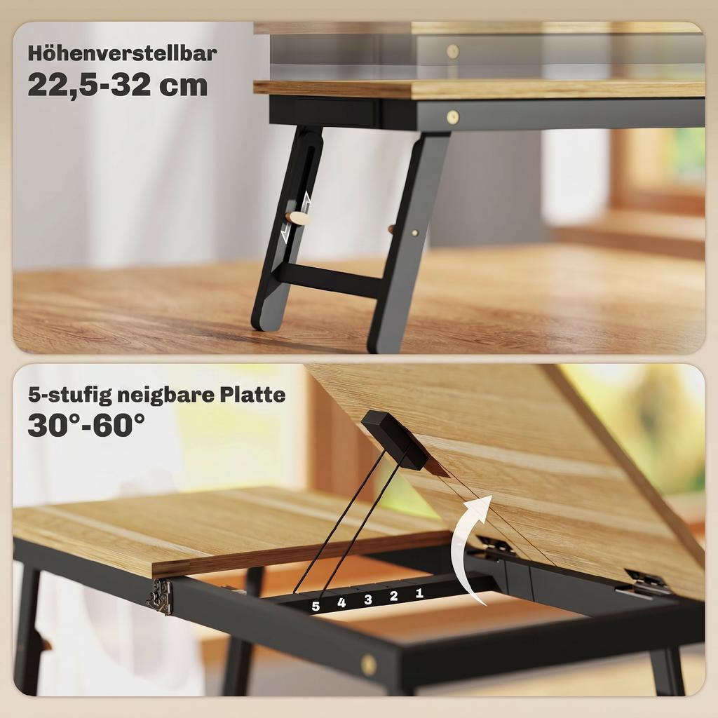 Bed Table, Height-Adjustable Laptop Table with Drawer, Foldable, for Sofa Working In Bed, Oak