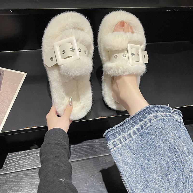 Thick-bottomed fluffy slippers for women to wear outside autumn and winter new versatile fairy wind belt buckle cotton mop