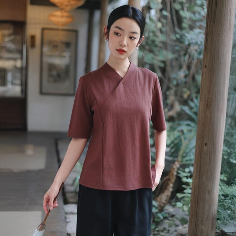 Johnature Women Chinese Style T-Shirts Solid Color V-Neck Seven Sleeve Summer Loose Casual T-Shirts