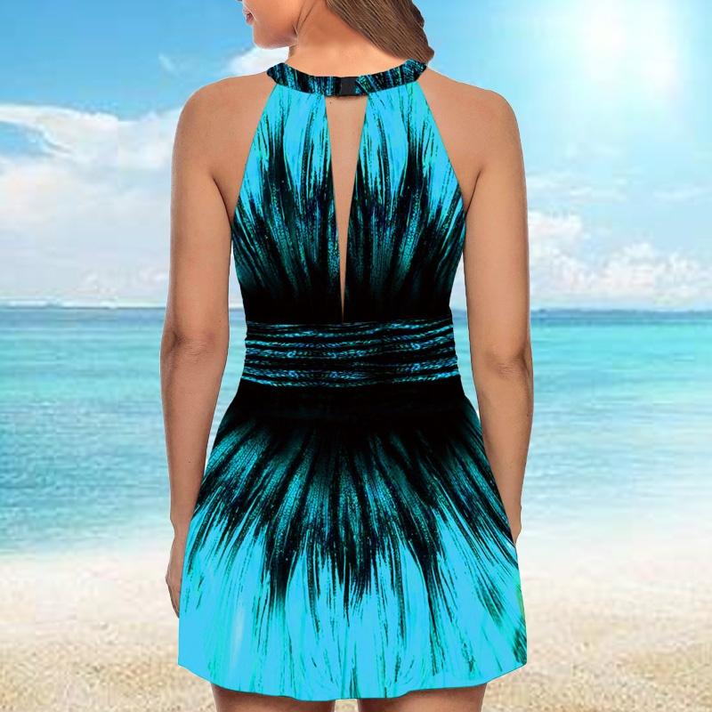 Women's Neck Hanging Swimsuit with Radial Print Bikini Short Tank Top Swimsuit