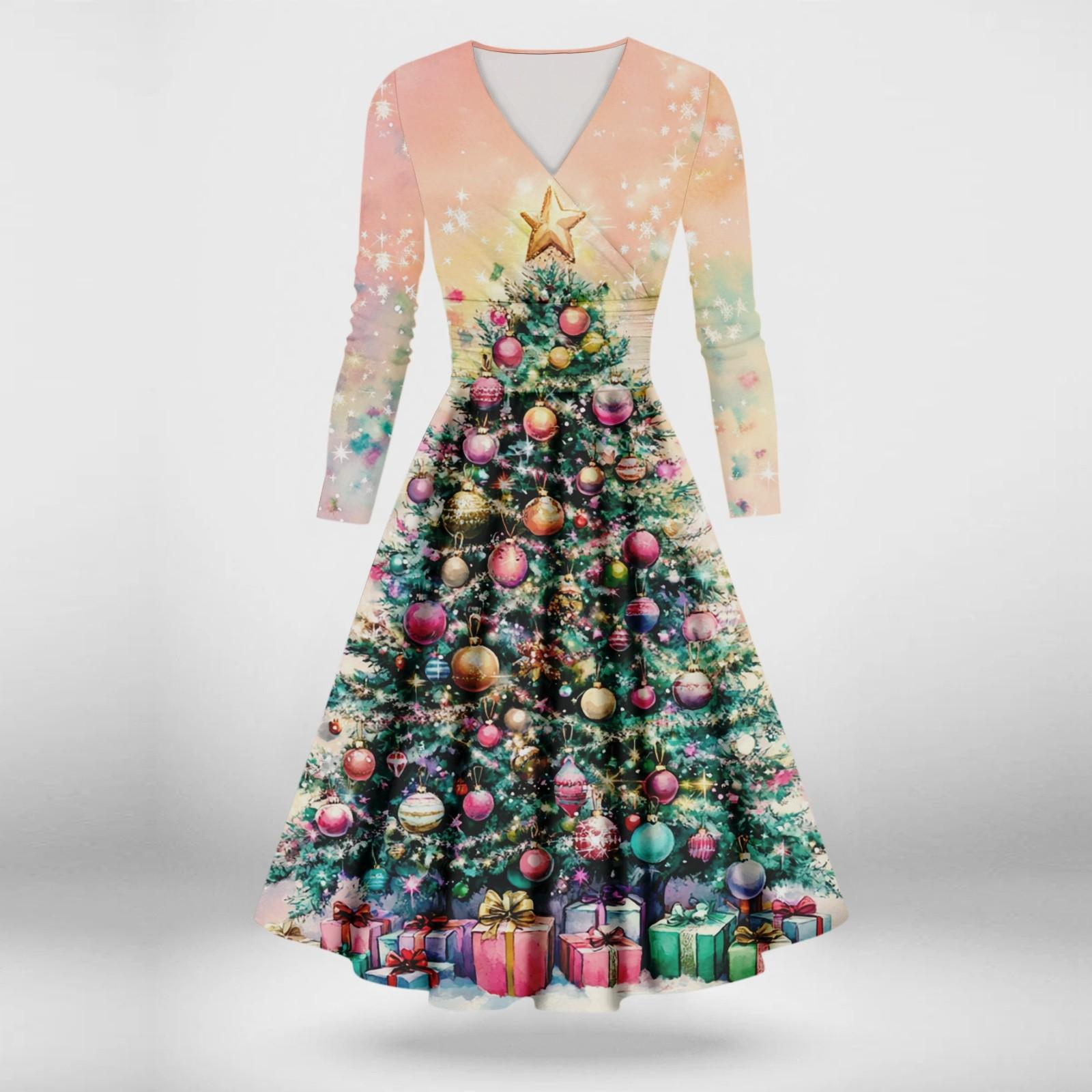 

Женское повседневное и модное сексуальное платье с v-образным вырезом и длинными рукавами с рождественским принтом XXL