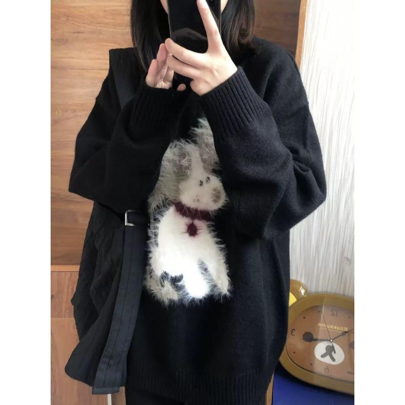 Plush Puppy Jacquard Crew Neck Casual Loose Fashion Black Sweater Women's Winter New Loose Lazy Style Top