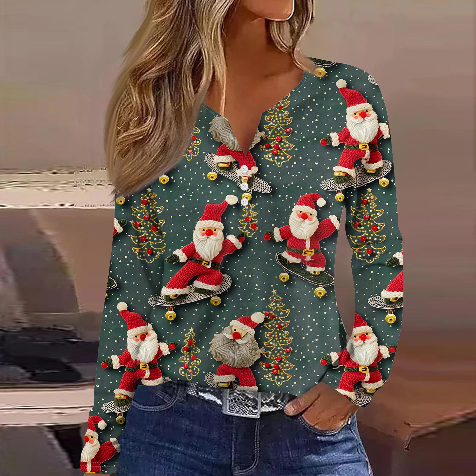 

Women s Fashion Casual V-Neck Button-Up Long-Sleeve T-Shirt With Christmas Print Top L армия зеленый