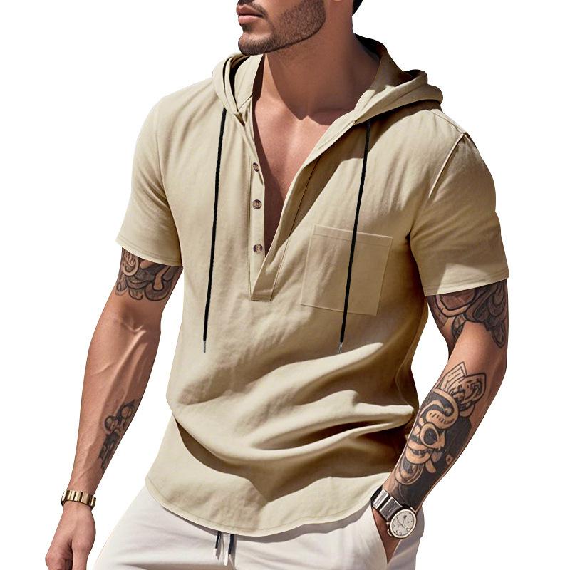 Men's Relaxed Fit Linen Beach Hooded Pocket Henley Short-Sleeved Shirt