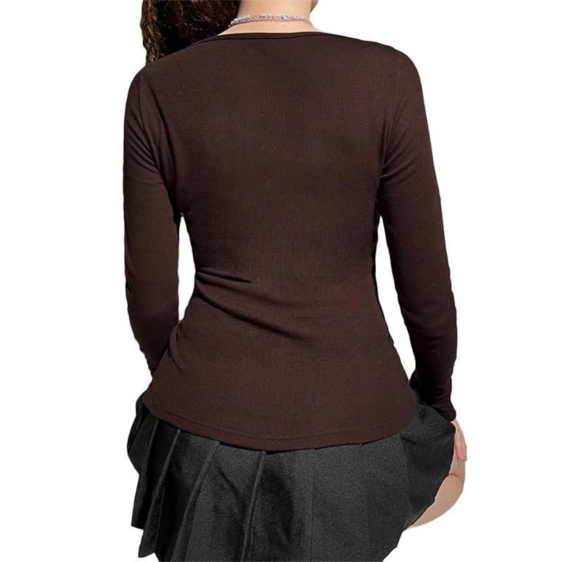 Y2k Women's Long Sleeve Knitted Tops Lace Stitching Neckline Knitwear Bowknot Decoration Slim-Fit T-shirt Pullovers Clubwear