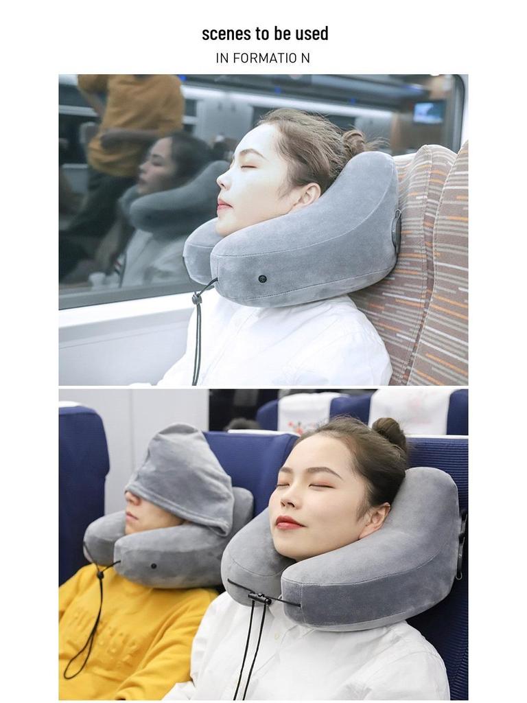 Cross-border H-shaped Crystal Velvet Inflatable Travel Pillow with Hat for Office and Portable Naps