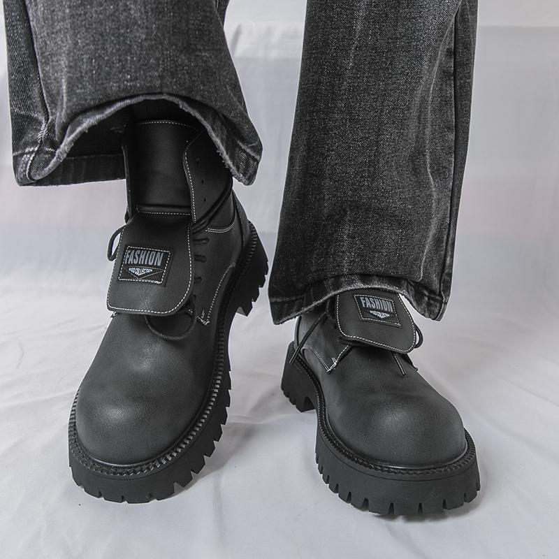Męskie buty retro na grubej platformie, buty motocyklowe z dużą główką, wysokie buty, plus size