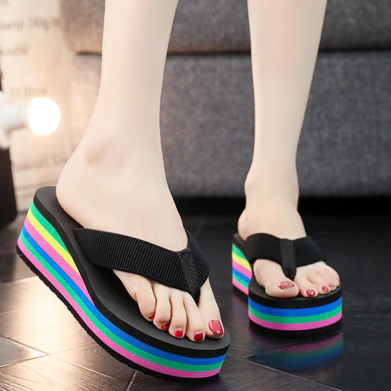 Women's Summer Rainbow Wedge Flip Flops - Thick Foam Sole Toe Post Beach Slippers