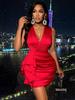 Elegant Red Satin Deep V Waist-Cinching Ruffle Mini Dress for Banquets and Events