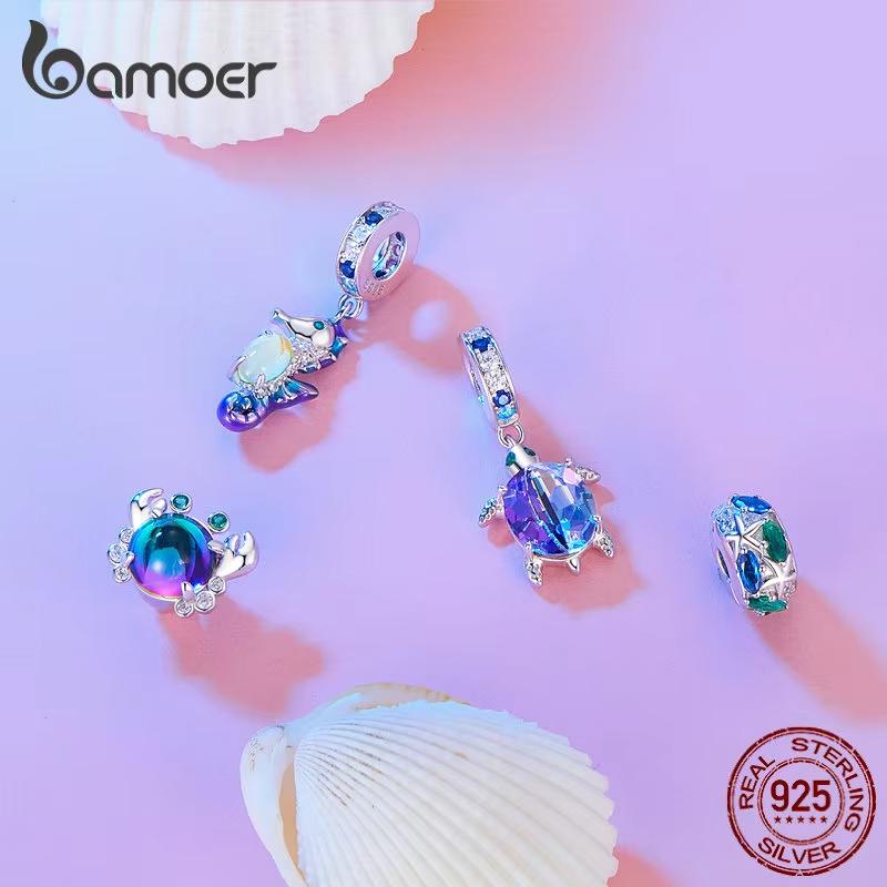 BAMOER 925 Silver Dreamy Oecan Series Dazzling Crab Beads Seahorse Pendant Charms for Women Bracelet and Necklace DIY