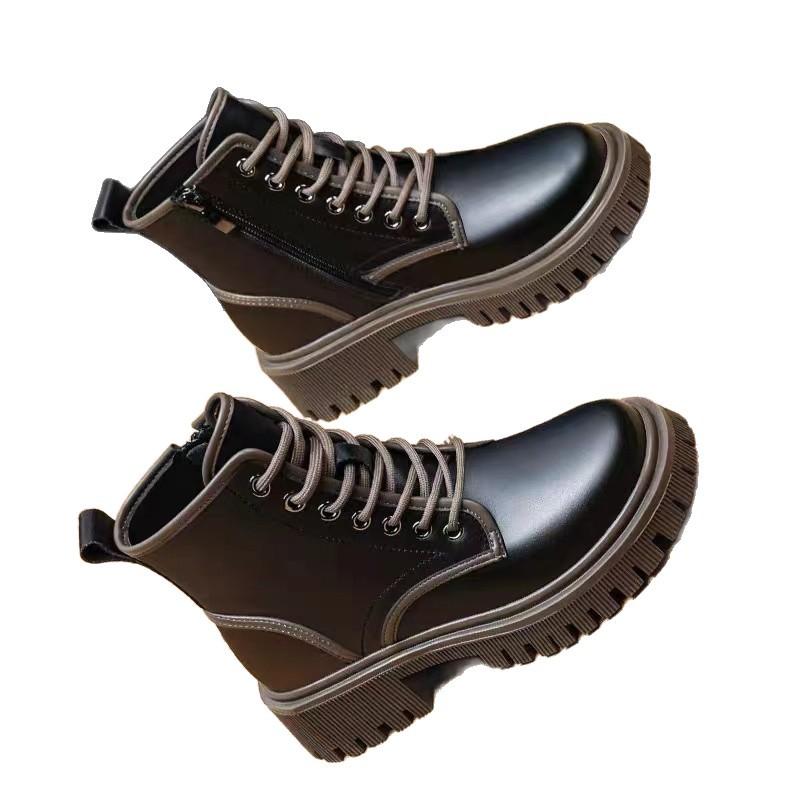 New Chinese Martin Boots Women's British Autumn and Winter Velvet Single Boots Thick-soled Short Boots Super Fire Heightening Short Boots