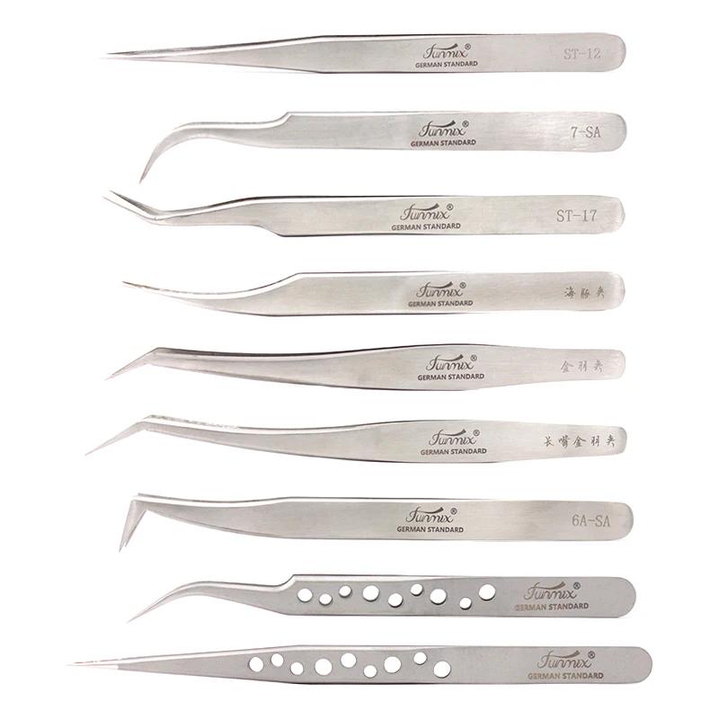FUNMIX Stainless Steel Tweezers False Eyelash Extension Tweezers Anti-static Eyebrow Lash Tweezers Watchmaker Tools