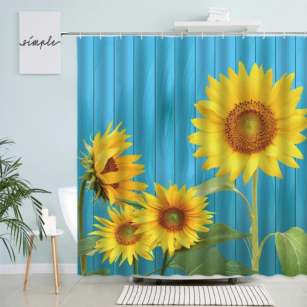 Natural Sunflower Shower Curtains Rural Scenery Floral Yellow Flower Green Leaves Plants Polyester Fabric Bathroom Curtain Decor