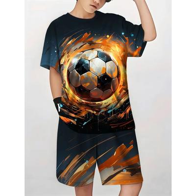 Summer Children's New Sexy 3D Football Pattern Casual Versatile Round Neck Short Sleeve Set