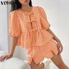 VONDA Damen Sets Kurzarm Schleifenknoten Karomuster Oberteile und Shorts mit elastischer Taille Outfits