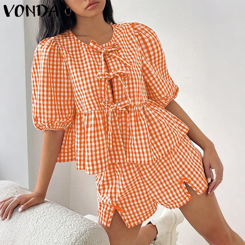 VONDA Damen Sets Kurzarm Schleifenknoten Karomuster Oberteile und Shorts mit elastischer Taille Outfits