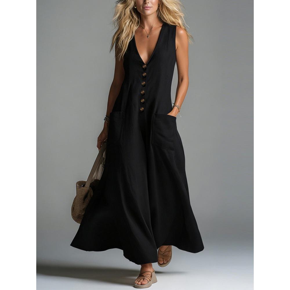 Women's Sleeveless V Neck Maxi Dress Casual Button Front Solid Long Dress with Pockets