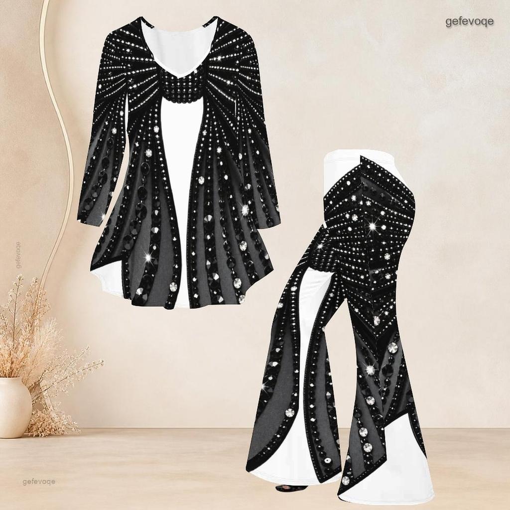 Women Plus Size Black Printed Round Neck Three Quarter Sleeve Flared Top And Flared Pants Two Piece Set
