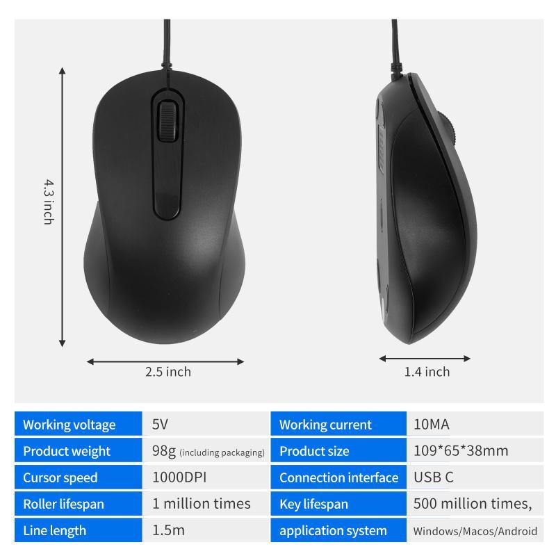 Usb C Wired Mouse Silent Click 1000Dpi Type-C Mouse For Laptop/Tablet/Phone Compatible With /Windows/Android Plug And Play