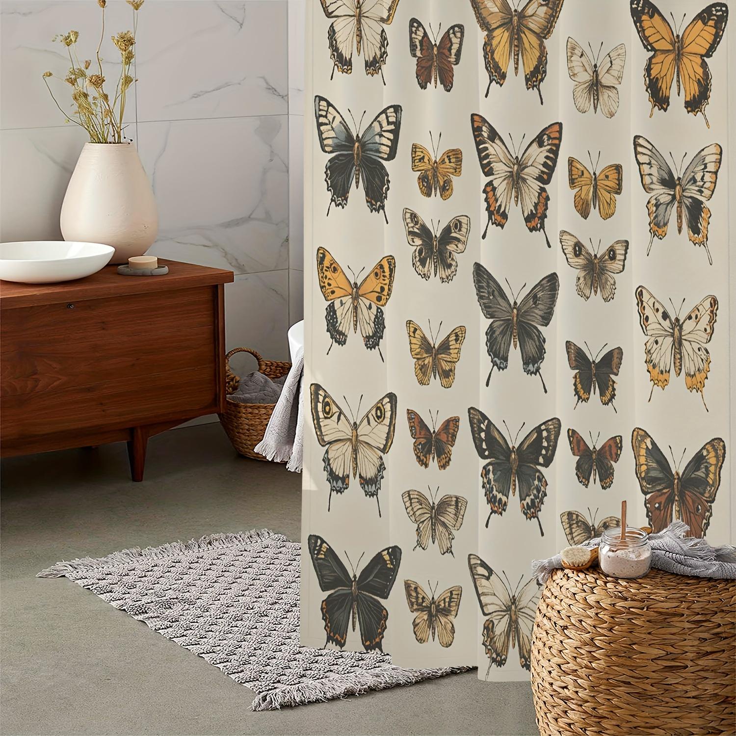 

Штора с принтом бабочек - Водостойкая, Полиэстер, Художественный дизайн, Всесезонная, 12 крючков W90XH180cm