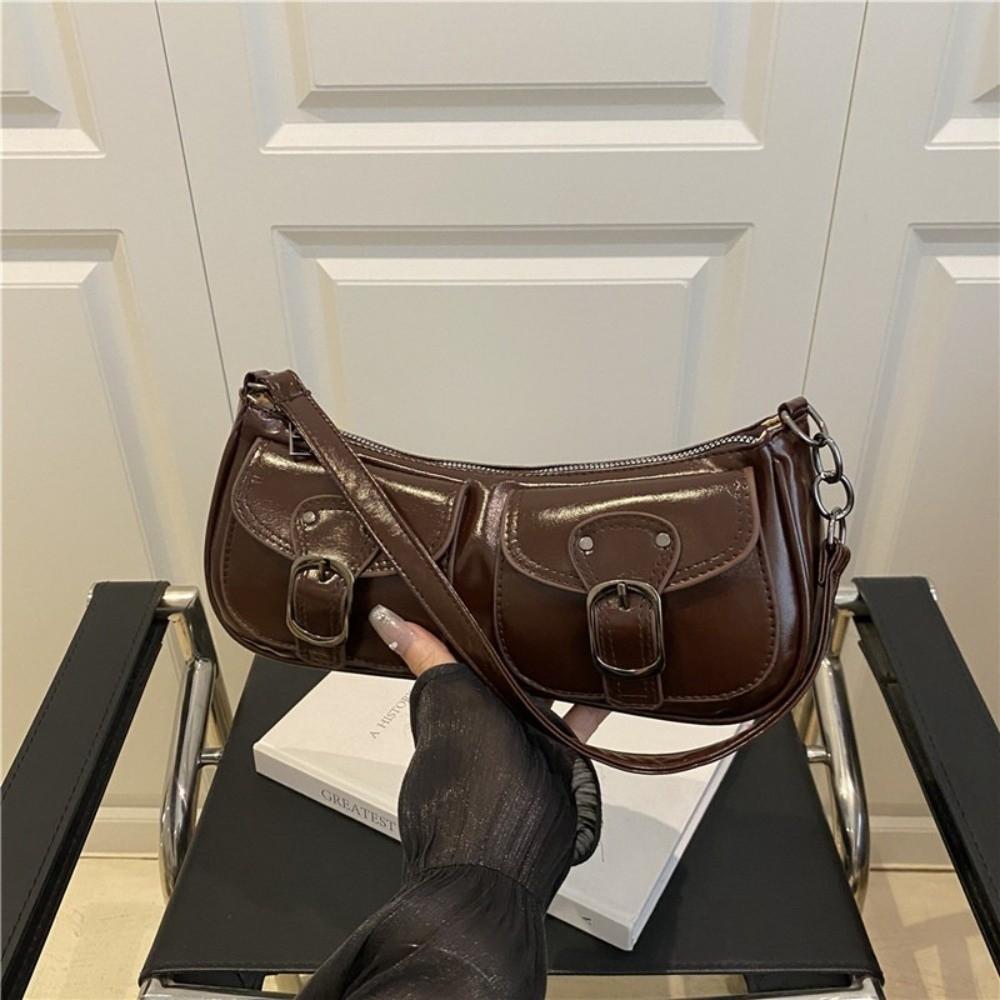 Double Pockets Women's Armpit Bag Vintage Zipper Handbag Trendy Pu Leather Shoulder Bag  Female