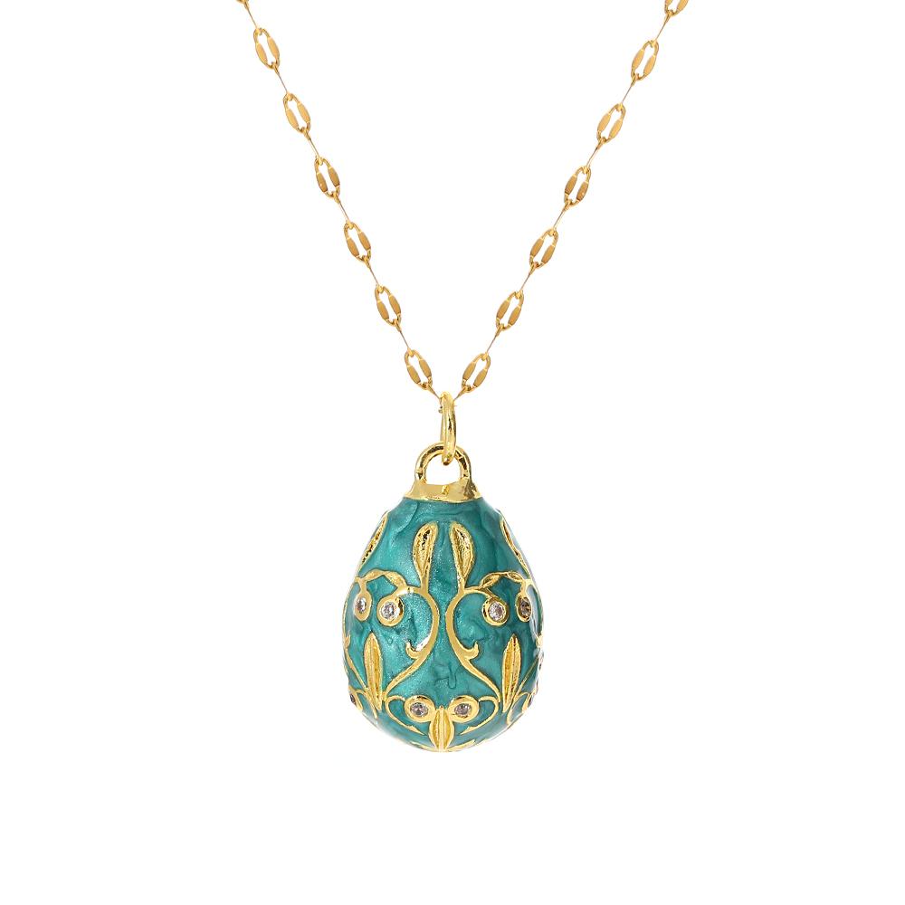 AENSOA Bunte Emaille Ostereier Anhänger Halsketten für Frauen Guilloche Medaillon Ei Strassstein Charm Halskette Gold Farbe Schmuck
