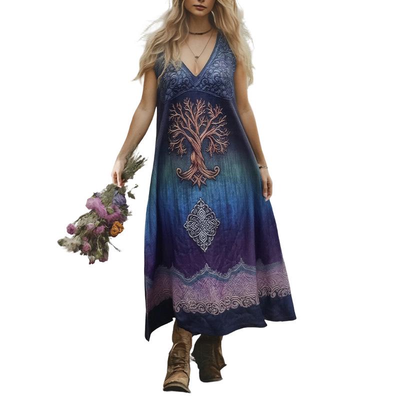 Classic Loose Dress: European & American Style Gradient Printed Long Skirt for Women. L синий