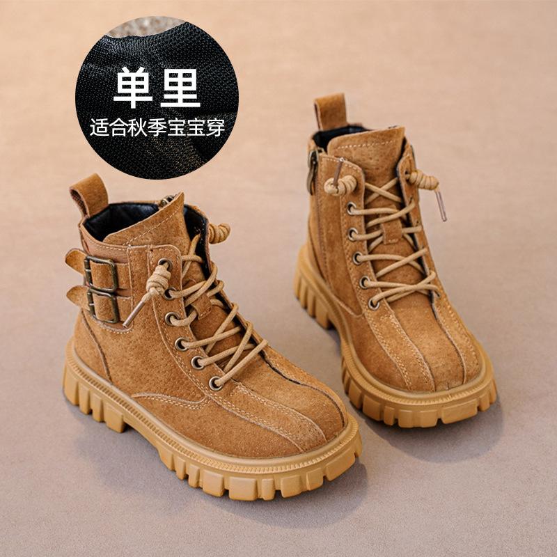 Fashion retro children's Martin boots autumn and winter new leather single boots velvet British style casual non-slip boys short boots