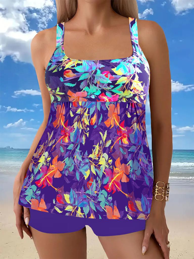 New large size split flat angle print two-piece women's swimsuit