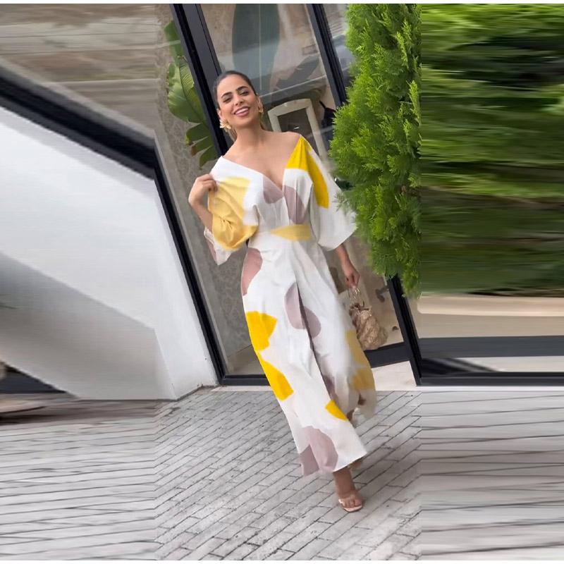 Mode V-ausschnitt Gedruckt Taille-schließen Kleid Frauen Frühling Elegante Schlanke Temperament High-taille Kleider Weibliche Pendler Kleidung