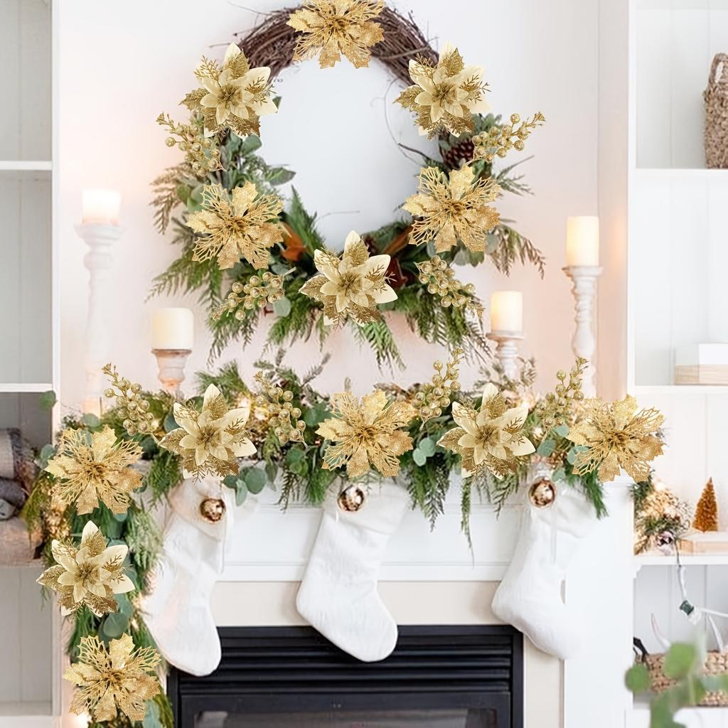 9/18Pcs Glitter Artificial Flowers Berry Bouquet Christmas Decoration Xmas Tree Pendant Ornaments for Home Decor New Year Gifts