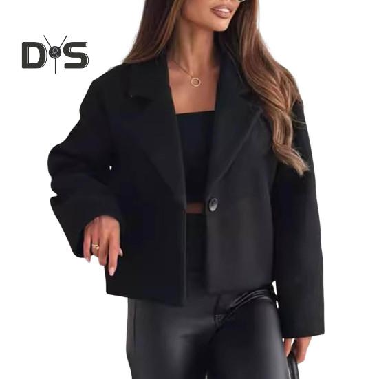 

Женская шерстяная куртка с отложным воротником, однотонная, с застежкой на одну пуговицу, пальто свободного покроя, короткое, с длинными рукавами, для поездок на работу, свиданий, весна, осень, зима M чёрный