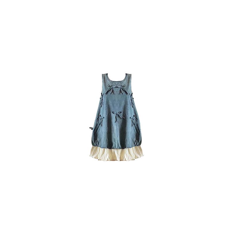 

Petite Bow Flower Bud Sleeveless Denim Top & Short Skirt Set S