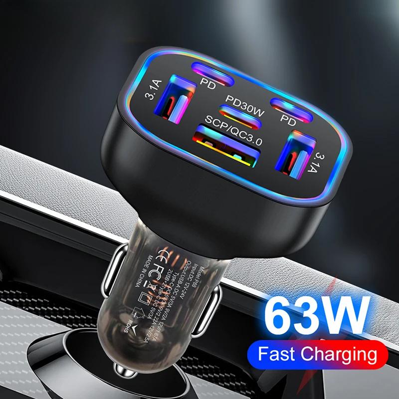 63W 6 In 1 PD Fast Charging Car Charger USB Quick Charge3.0 for IPhone 16 15 Samsung Xiaomi Type-C Car Phone Charger Adapter In Car