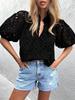 Top Estivo da Donna Moda Casual Manica a Lanterna Scollo a V Bottoni Ricamo Intrecciato in Pizzo Camicia