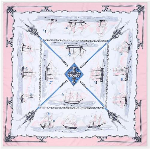 POBING 100% Silk Scarf Women Large Shawls Spain Warship Print Stoles Square Bandana Hijab Luxury Kerchief Female Foulards 130CM