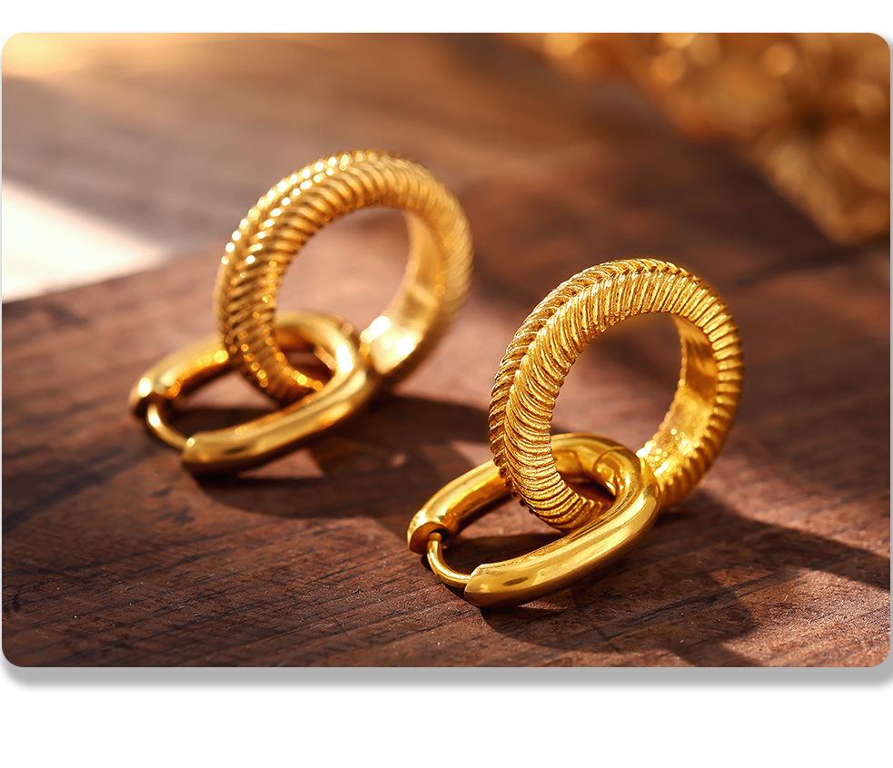 Qiong Yao Hypoallergenic Double Ring Threaded Stainless Steel Earrings with PVD Coating