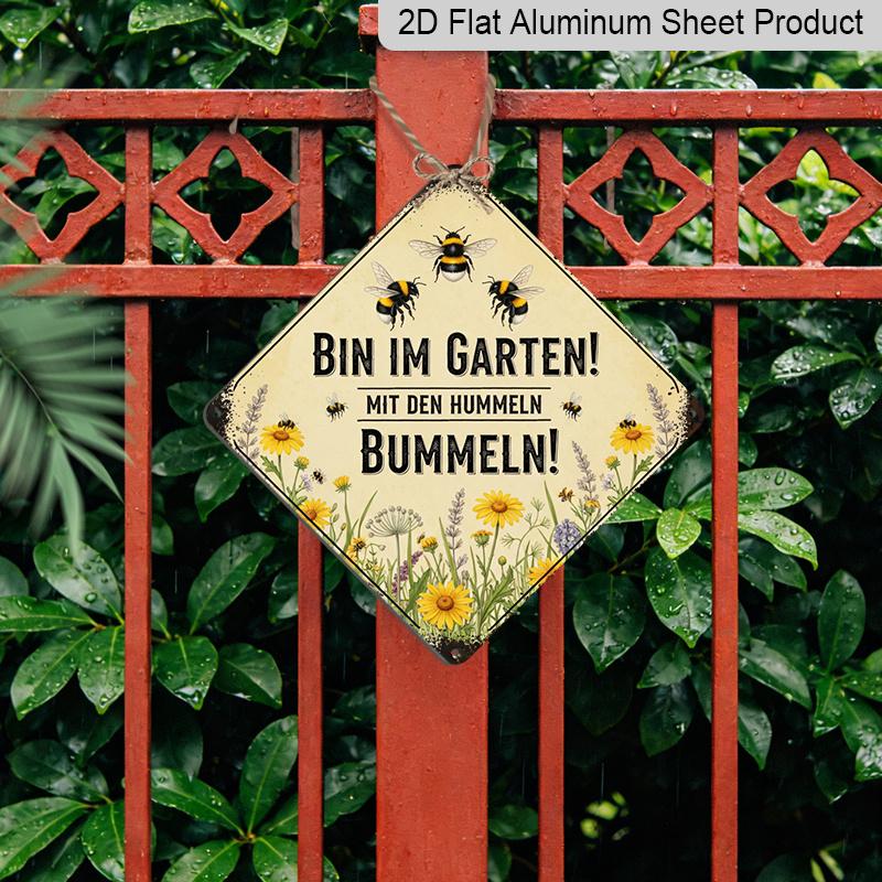 2D Flat Vintage Bee Garden Aluminum Sign, Funny German Slogan Rustic Wall Art with Rusty Edge, Hanging Decor for Garden Yard Patio Farm