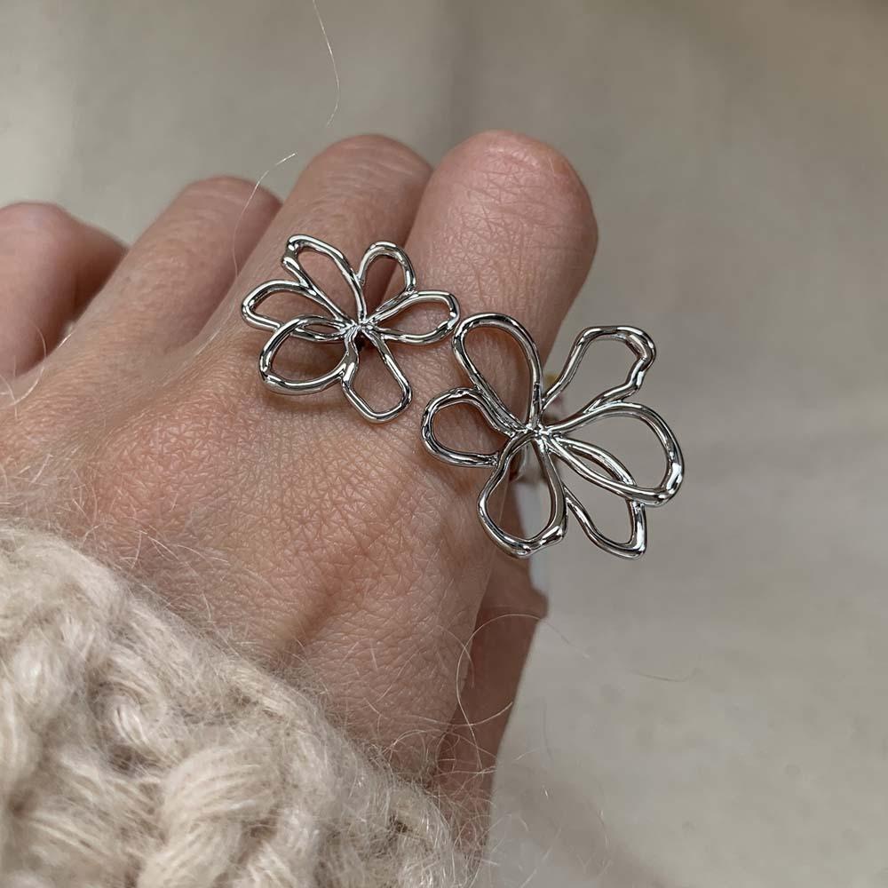 Exaggerated Silver Sunflower Finger Circle Irregular Open Hollow Out Ring  Banquet