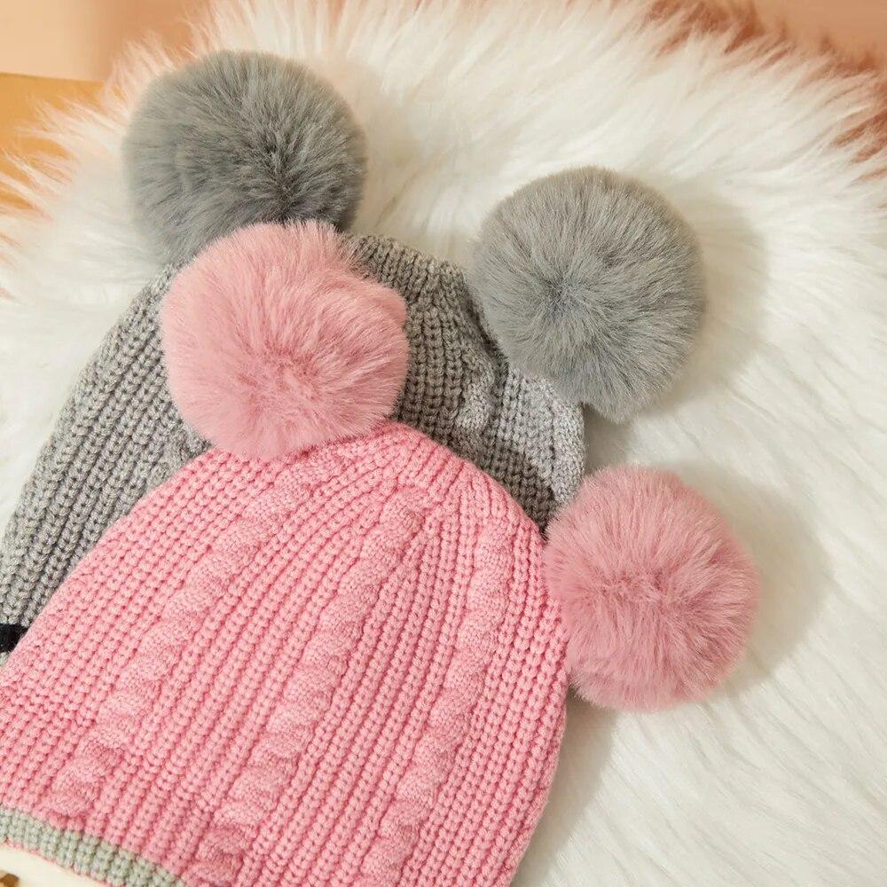 Children's Knitted Woolen Beanie Hat with Scarf Cover and Pom-Poms for Ages 1-6