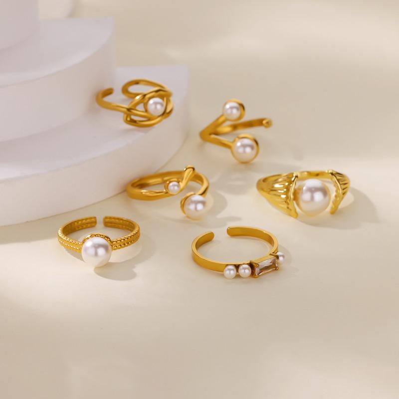 Design sense Double layer micro zircon pearl ring Flower personality lucky opening ring