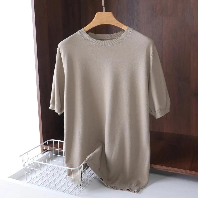 Men's Short-sleeved Sweater Spring and Summer Crew Neck Solid Color Ice Silk T-shirt Short Sleeve Knitted Base Layer