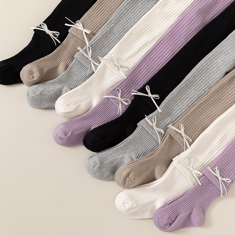 Girls Bowknot Cotton Tights Spring Autumn Vertical Striped Leggings For Kids Pure Color Versatile Children's Pantyhose 2-7Years
