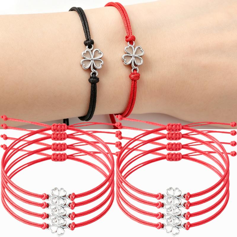 10 pièces 2026 Bracelets Trèfle à Quatre Feuilles pour Femmes Hommes Réglable Fait Main Corde Rouge Porte-Bonheur Couple Amitié Bijoux Accessoires