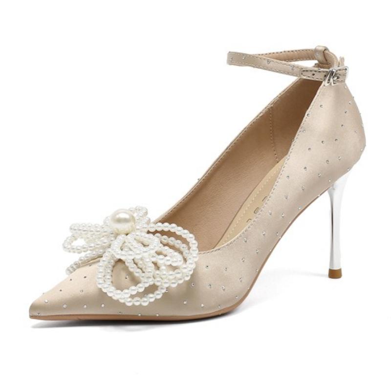 Mode Elegant String Perle Schleife Dekorative Pumps Damen Luxus Spitzzehe Kristall Knöchelschnalle Designer Schuh Mode Hochzeit Brautschuh