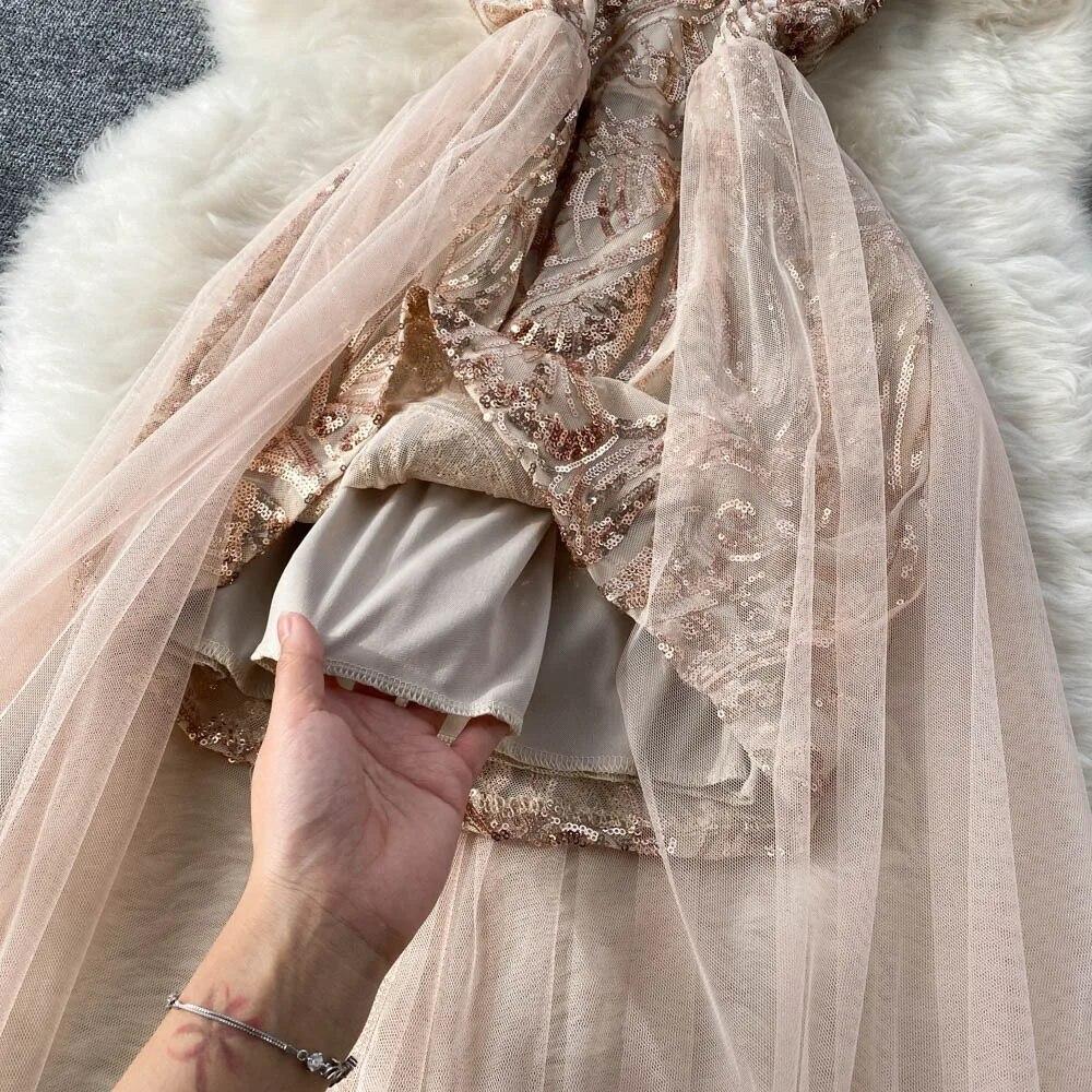 Sexy Sequin Patchwork Mesh Halter Dress Chic Elegant Evening Party Luxury Robe Women High Waist Slim Ceremonial  Dress